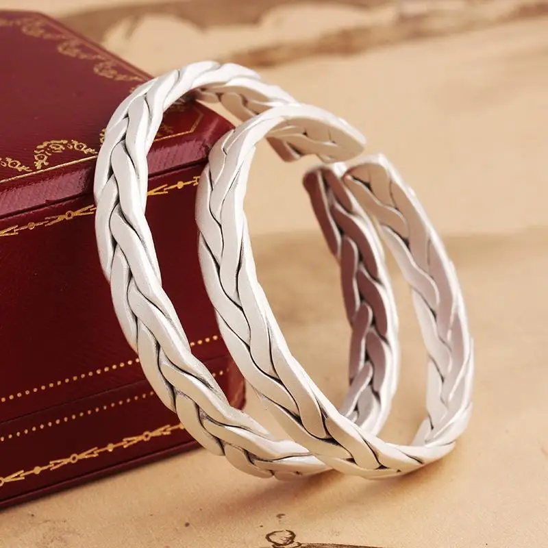 

New Woven Silver Bracelets Female Couple Models A Pair Of Handmade Open Love Interwoven Bracelet Men's Jewelry Accessories