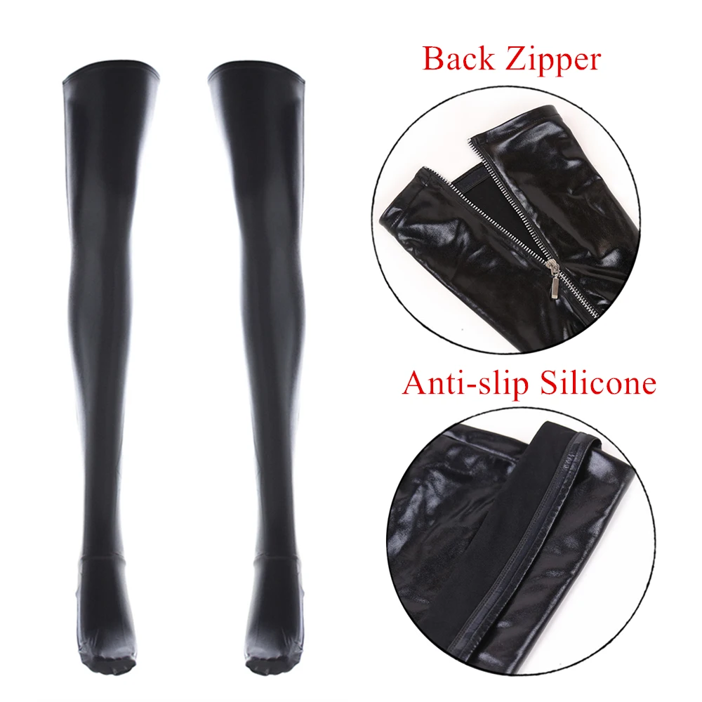Gothic Punk Back Zipper Latex Stockings Wet Look PVC Leather Thigh High Stockings Women Sexy Lingerie Hot Pole Dance Hosiery