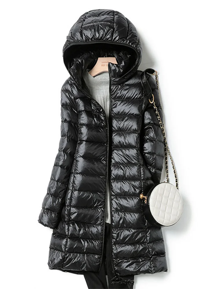 

Женский легкий пуховик средней длины, новая приталенная куртка со съемной шапкой на белом утином пуху с капюшоном, одежда для осени и зимы, 2023