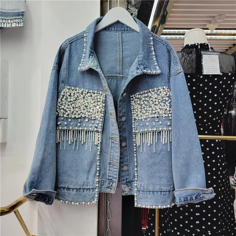 

Vintage Blue Diamonds Beading Tassels Denim Jacket Women Loose Short Student Cowboy Outerwear Long Sleeve Jeans Jacket Female