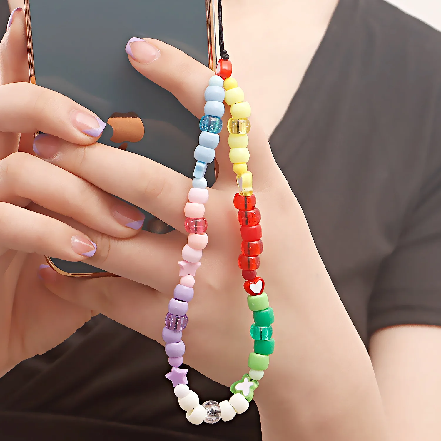 

Fashion Sweet Colorful Beaded Mobile Phone Strap Boho Pearl Purple Clay Beads CellPhone Chain Telephone Lanyard Jewelry Gift