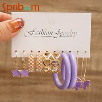 women earrings set purple butterfly star hoops hollow love heart pearl round earring geometric trend jewelry acrylic hoop earing