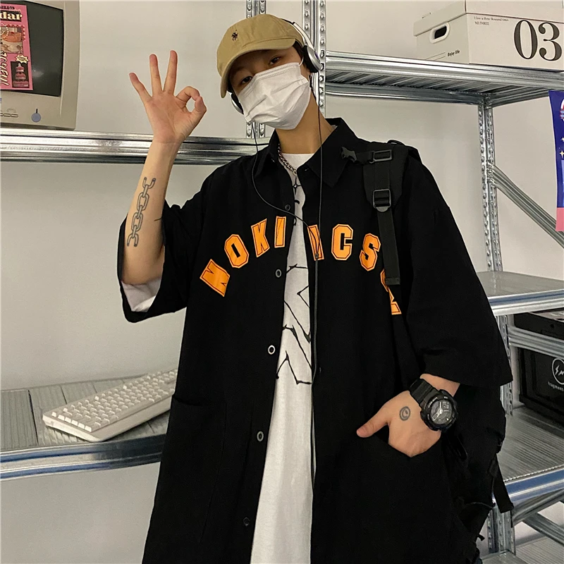 Japanese Style Men Tooling Short Sleeve Shirt Pocket Casual  Unisex Blouse Black Oversized Couple Clothes Unisex Loose  Punk Top