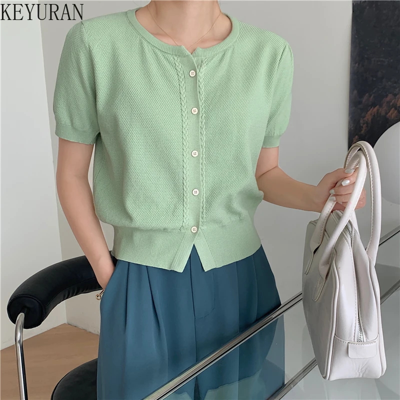 

Женский вязаный Укороченный кардиган в стиле ретро, однобортный зеленый свитер с круглым вырезом и короткими рукавами-фонариками, Женский ...