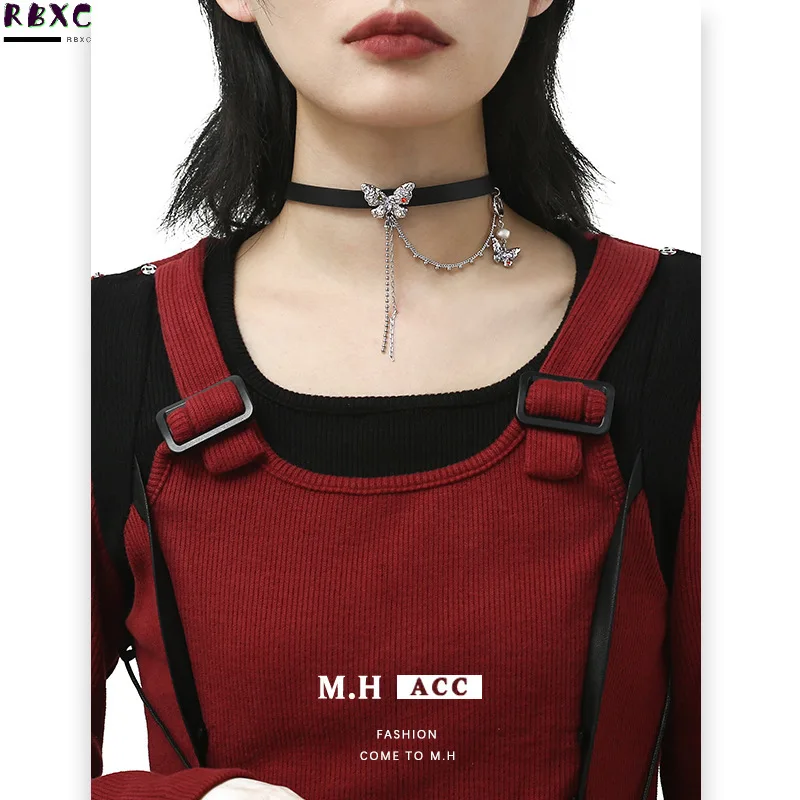 

Butterfly Pearl Tassel Necklace Female Advanced Sense Splicing Punk Cool Fashion Collarbone Chain Choker Neck Chain