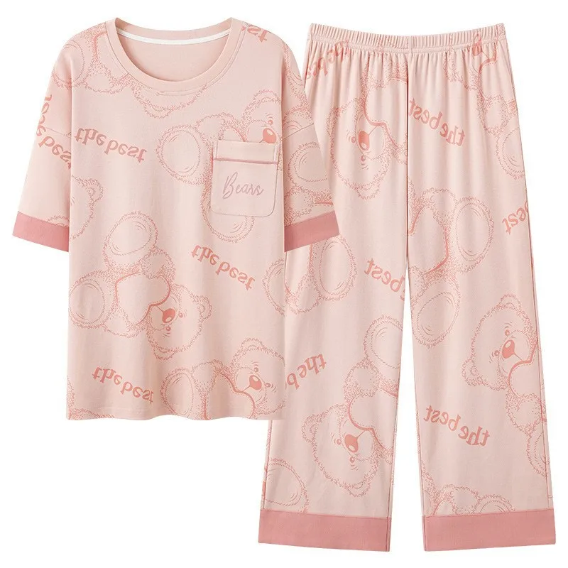 Pajamas Women's Summer Thin Cotton Short-sleeved Large Size Loose Can Be Worn Outside Home Suit Two-piece Breathable Sleepwear