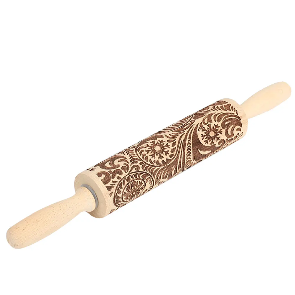 

Wooden Engraving Embossing Rolling Pin Flower Printed Stick 3D Xmas Holiday Cookie Dough DIY Rolling Pin Kitchen Craft Tool