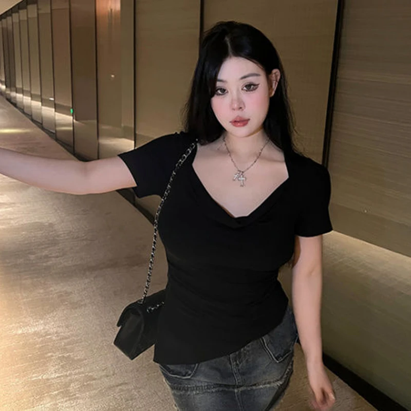 Женская футболка с коротким рукавом голубая однотонная Приталенная со складками