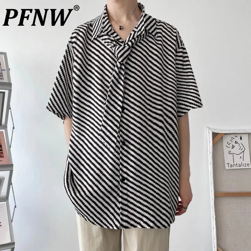 

PFNW Spring Summer New Men's Street Fashion Shirt Handsome Personality Striped Necktie Y2k Loose Niche Short Sleeve Tops 28A2628