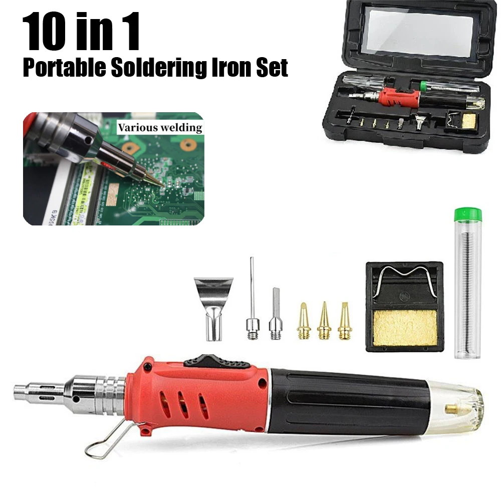 

10 in 1 Portable Soldering Iron Set Butane Gas Soldering Iron Cordless Welding Torch Tool Soldering Tip HS-1115K Professional