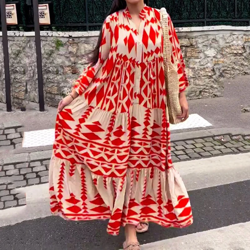 

Женское платье-пуловер с длинным рукавом, свободное винтажное платье-кардиган с геометрическим принтом и воротником-стойкой, осень 2023