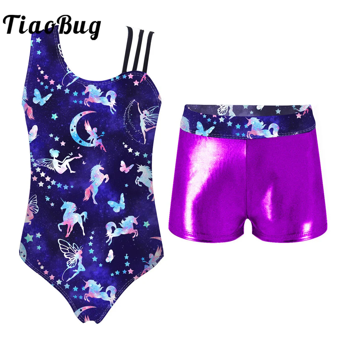 

Kid Girls Ballet Dance Leotard Sleeveless Print Gymnastic Bodysuit Jumpsuit with Shorts Set for Workout Performance Costumes