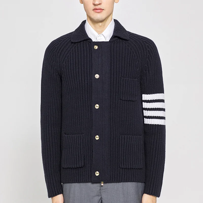TB THOM Sweater Women Fashion Brand Casual Coat Cotton 4-Bar Stripe Turn-down Collar Cardigan Rralxed Fit Winter Men' Jakcet