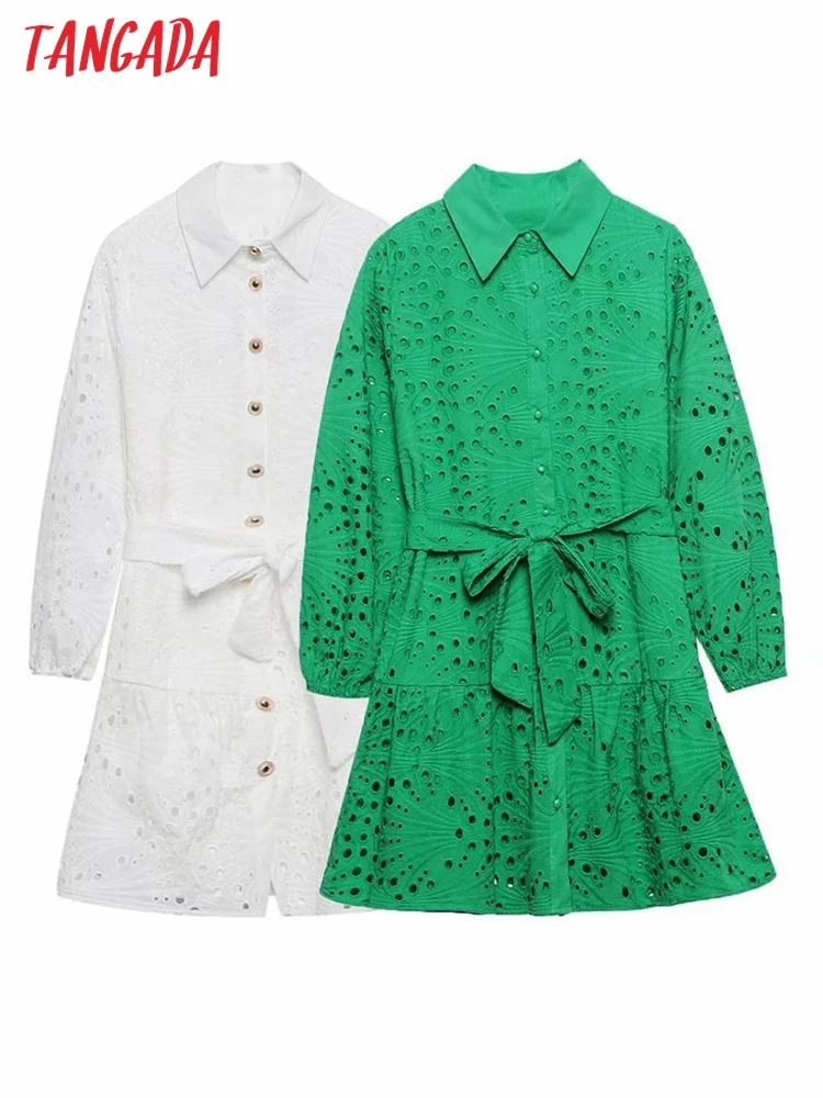 

Tangada Women Embroidery Romantic Shirt Dress Long Sleeve with Slash Females Cotton Mini Dresses Vestidos 6H73