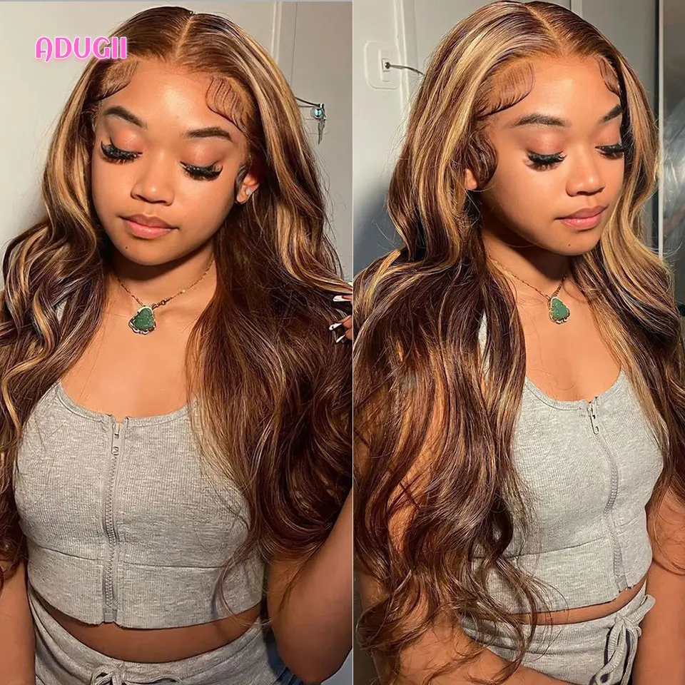 ADUGII Highlight Wig Human Hair Honey Blonde Ombre Lace Front Wig Colored Deep Curly Body Wave Straight Lace Wigs For Women