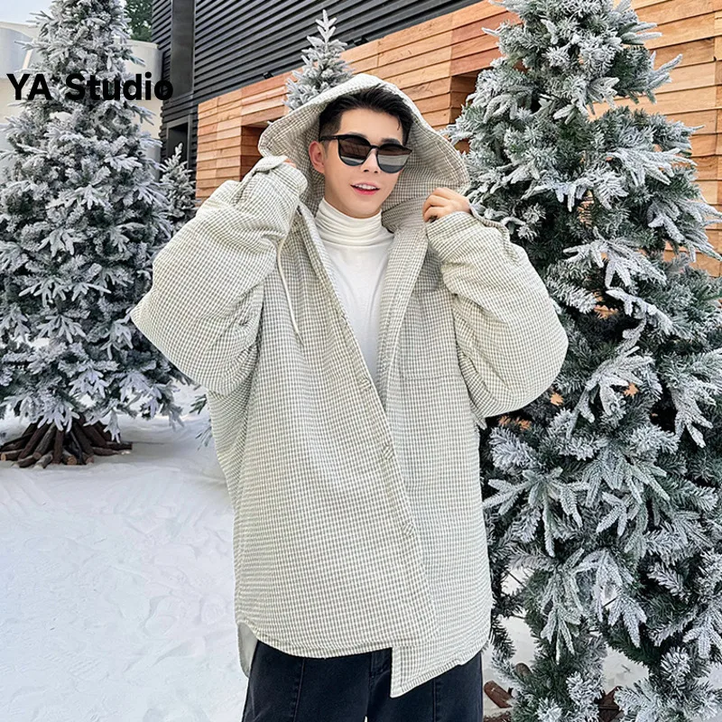 

[YA Studio] 2023 New Original Plaid Silhouette Hooded Cotton-padded Men's Winter Thickening Senior Korean Version Coat Tide