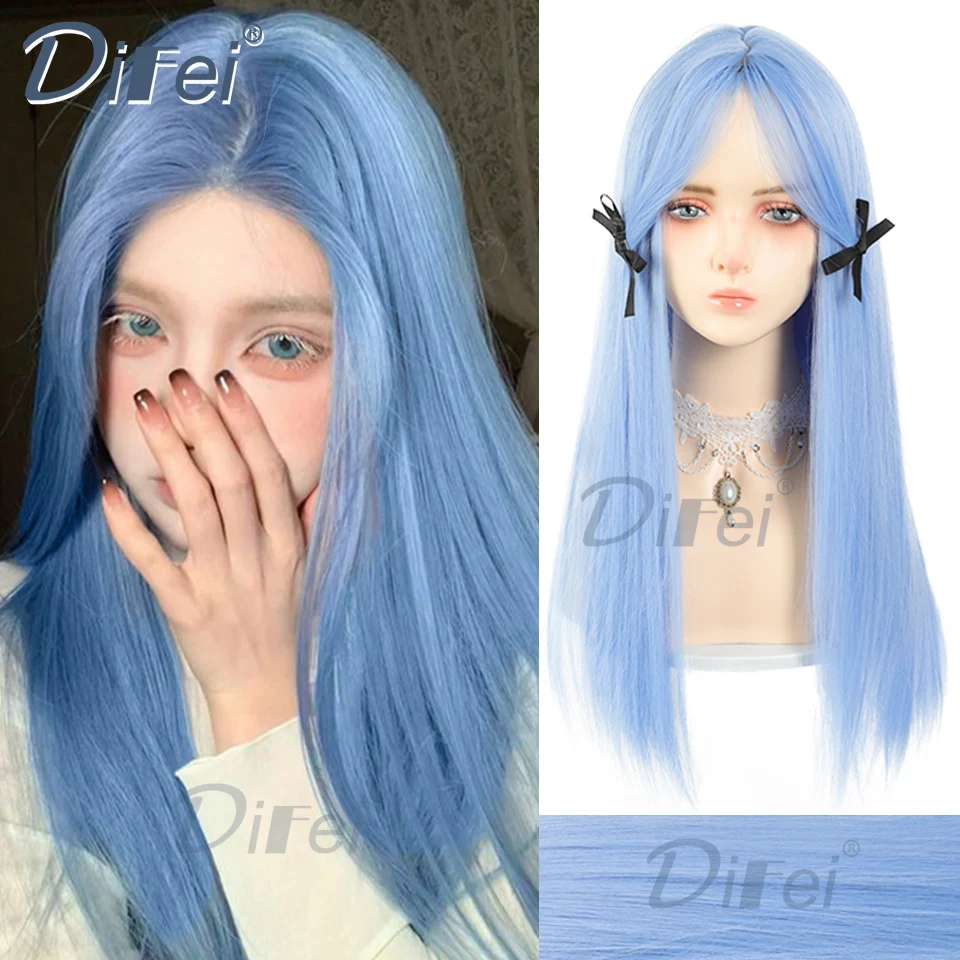 DIFEI синтетический парик Лолиты ледяной синий длинный прямой с челкой женский