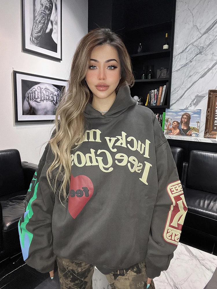 

Jyate Retro Long Sleeve Hooded Sweatshirts Casual Letters Print Loose Oversized Hoodies Female Autumn High Street Women Clothing