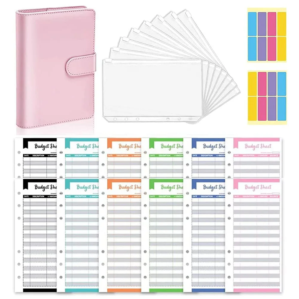 

A6 PU Leather Budget Binder with Cash Envelopes,Budgeting Binder Planner with 8 Pcs Binder Pockets,12 pcs Expense Budget Sheet