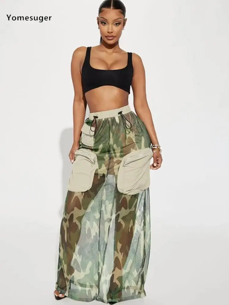 

Yomesuger Fashion Mesh Patchwork Camouflage Cargo Skirt Women Sexy Pockets Drawstring Slit Loose Maxi Skirts 2023 Y2K Streetwear
