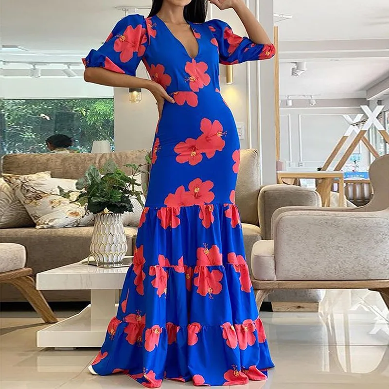 

Женское платье Летнее модное облегающее платье с цветочным принтом Плиссированное строченное женское Повседневное платье с V-образным вырезом и рукавами-фонариками и высокой талией