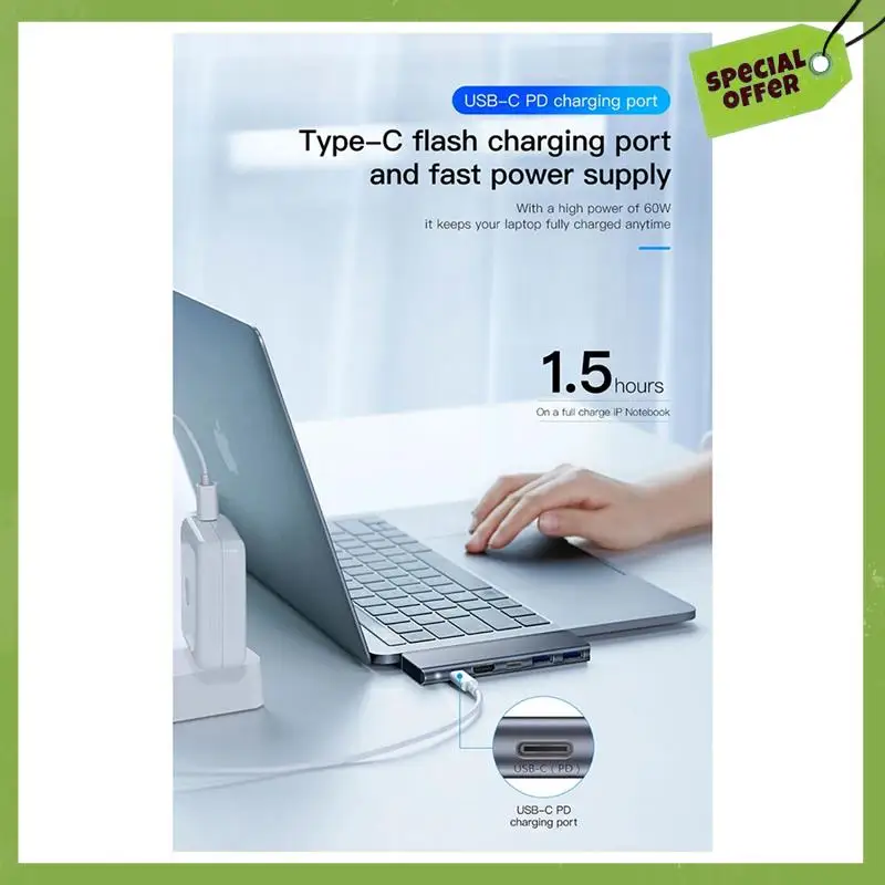 Фото Концентратор Leading-Tebe 7 в 1, USB-C на 4K, совместимый с USB 3.0 SD/TF PD, разветвитель быстрой зарядки, док-станция USB C №4
