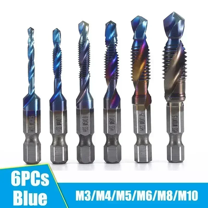 Набор из 6 сверл для метчиков с титановым покрытием, шестигранным хвостовиком и резьбой из быстрорежущей стали для метрических резьбовых сверл (M3 ~ M10)