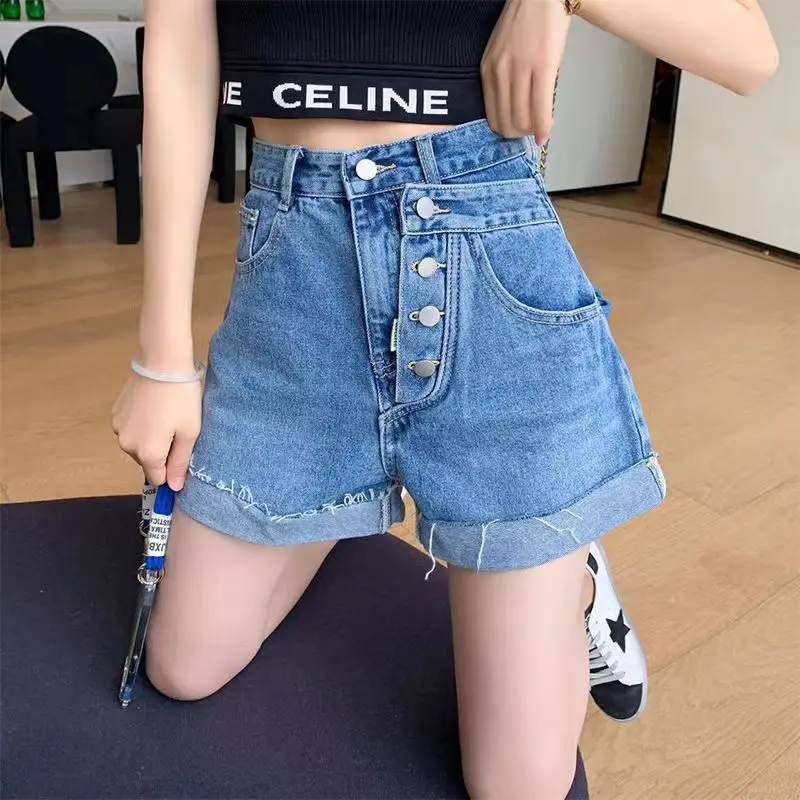 New Casual High Waist Denim Shorts Women Summer Pocket Tassel Hole Ripped Jeans Female Femme Short Pants N62