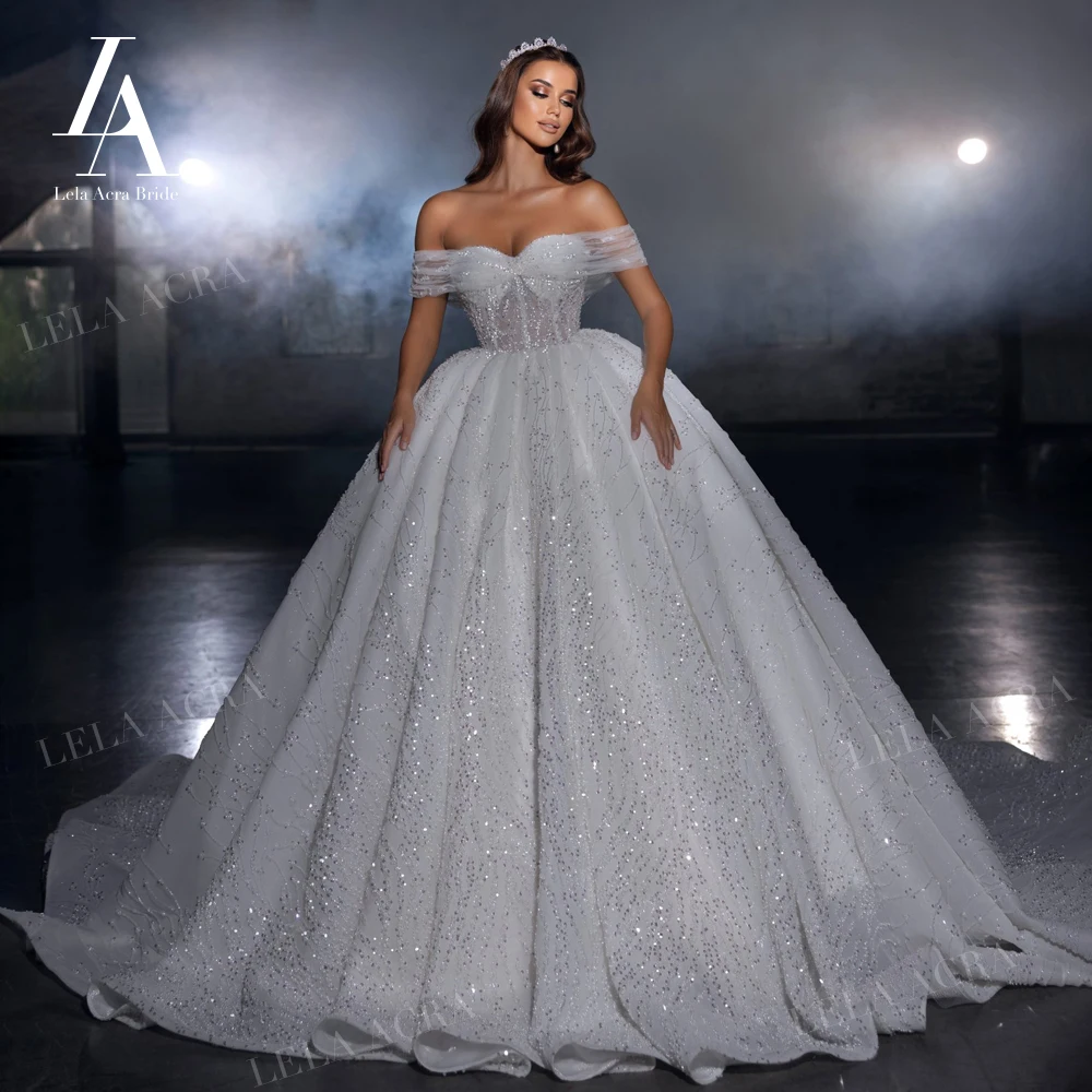 

LelaAcra Shiny Sweetheart Wedding Dresses for women 2023 Beaded Court Train Princess Bride Gown SM67 Plus Size Vestido de Noiva