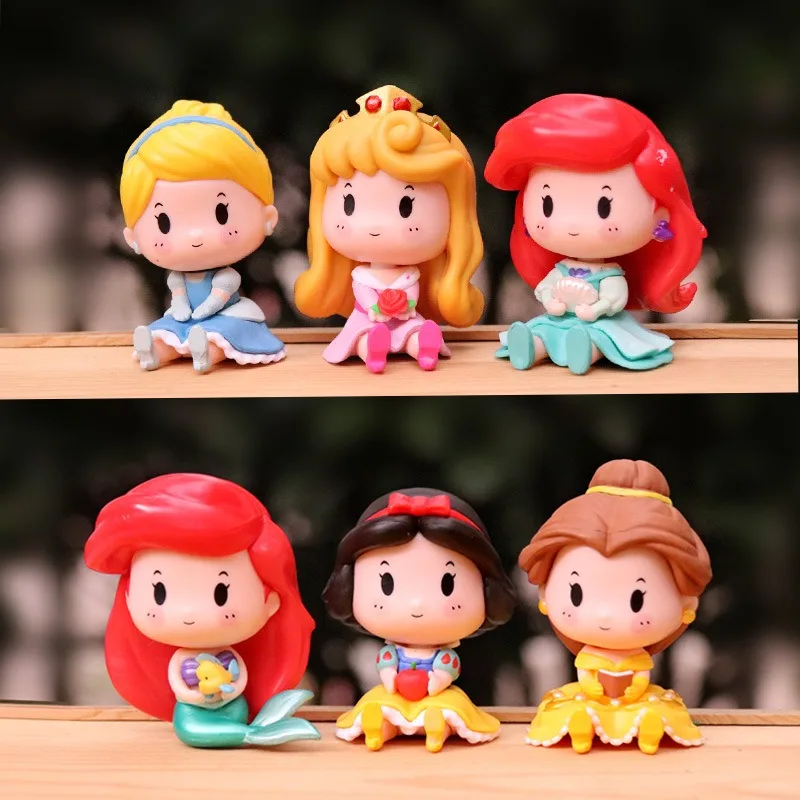 

Disney 6pcs/set Princess Snow White Mulan Ariel Elsa Anna Bella Q Version Doll Cake Decoration PVC Action Figures Model Doll Toy