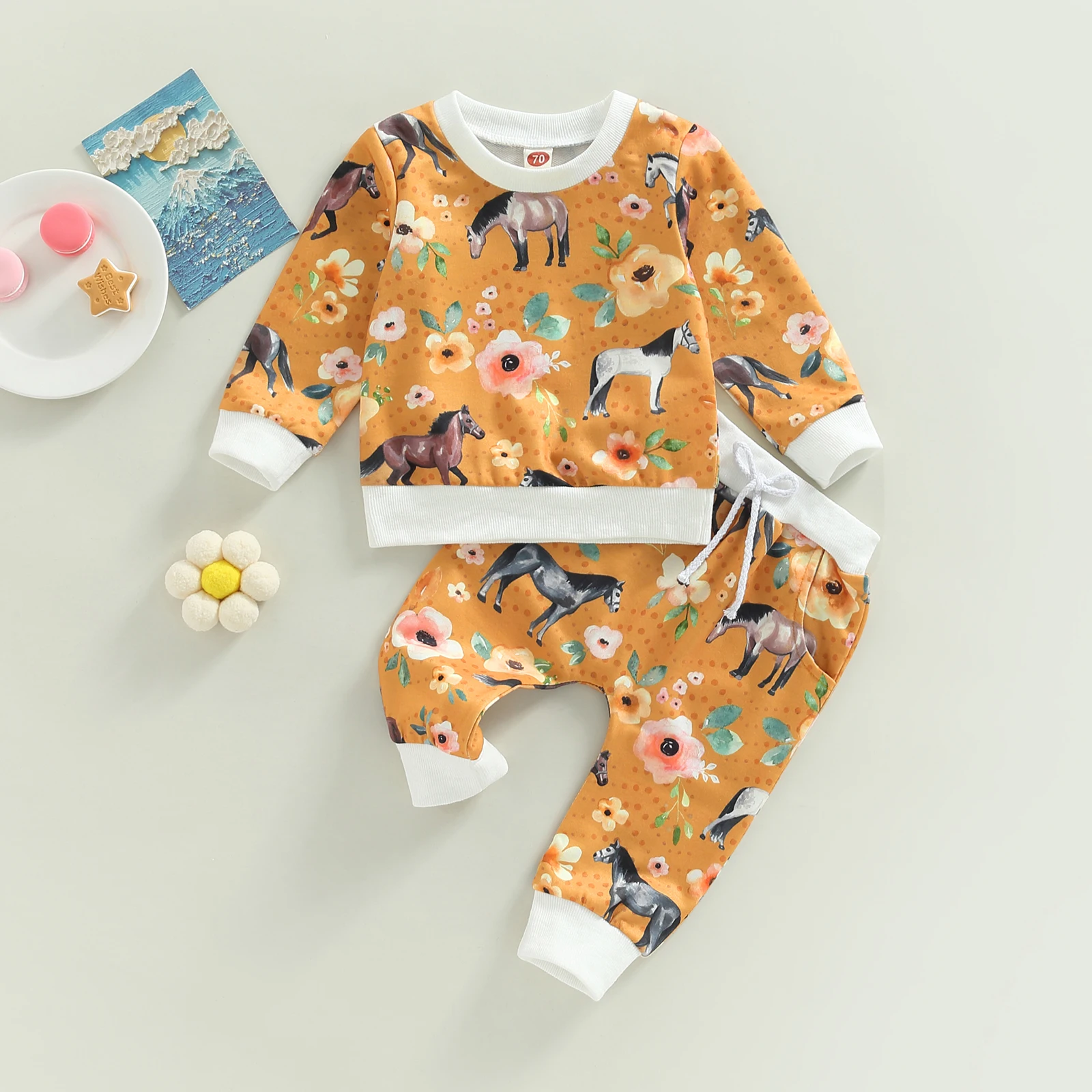 

TR New Spring Toddler Baby Girls Boys Fall Outfit Floral Print Long Sleeve Pullover Sweatshirt Tops and Casual Pants Set