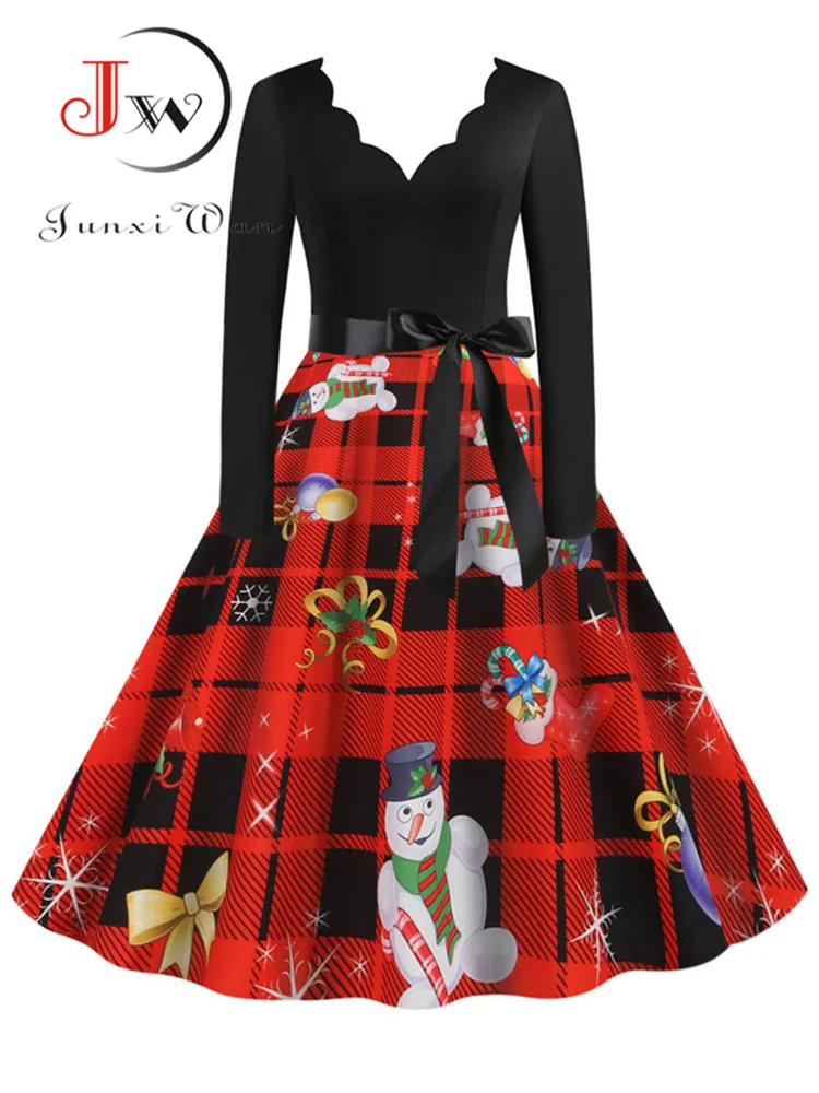 

Elegant Women Winter Plaid Print Christmas Dress Red Vintage Robe Femme V Neck Long Sleeve Sexy Xmas Party Dress