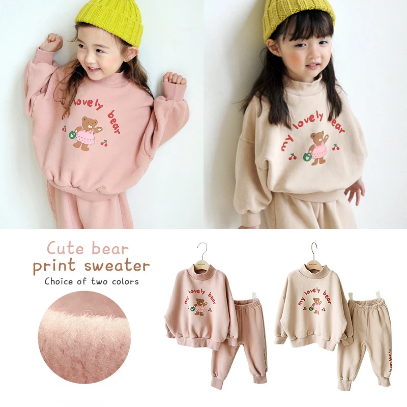 

Children's Velvet Thick Suit Korean Version Cute Girl Cartoon Print Pullover Sweater Trousers Suit Girl Winter Fleece Clothes