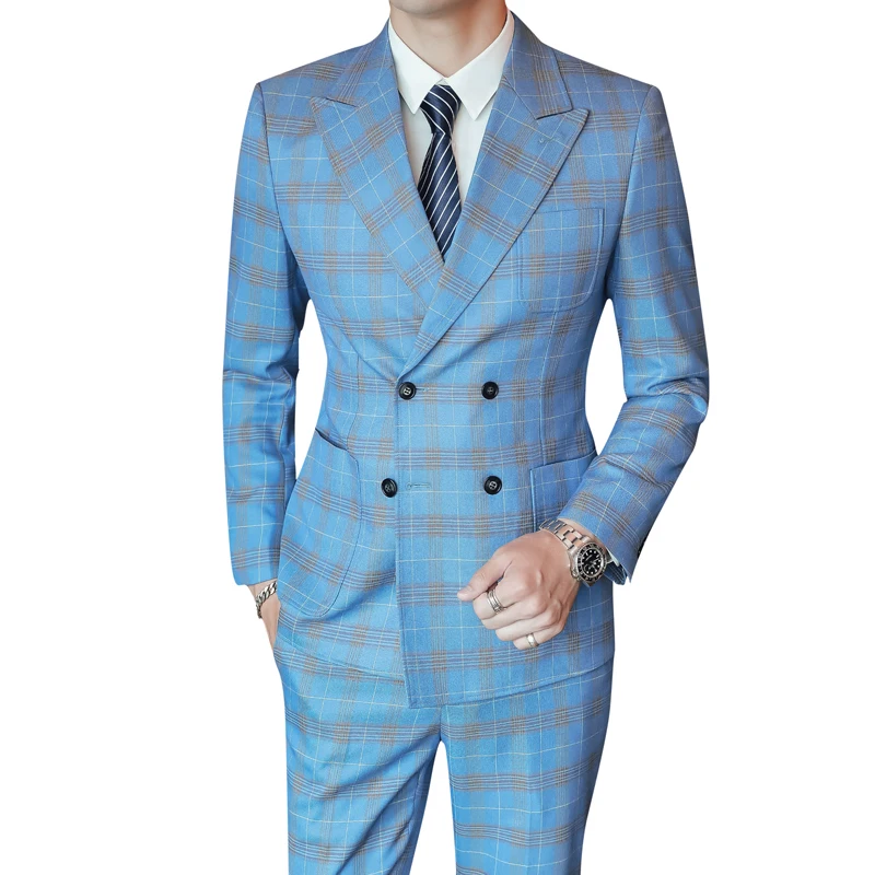 

( Jacket+ Pants ) Luxury High-end Fashion Plaid Men's Business Casual Blue Suit 2 Piece Set Groom Wedding Dress Tuxedo party fo
