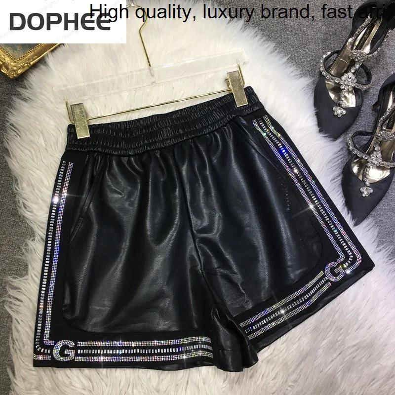 

Drilling Trendy Hot Women Shorts All-match Elastic High Waist Out Wearing Short PU Leather Wide Leg Boot Pants