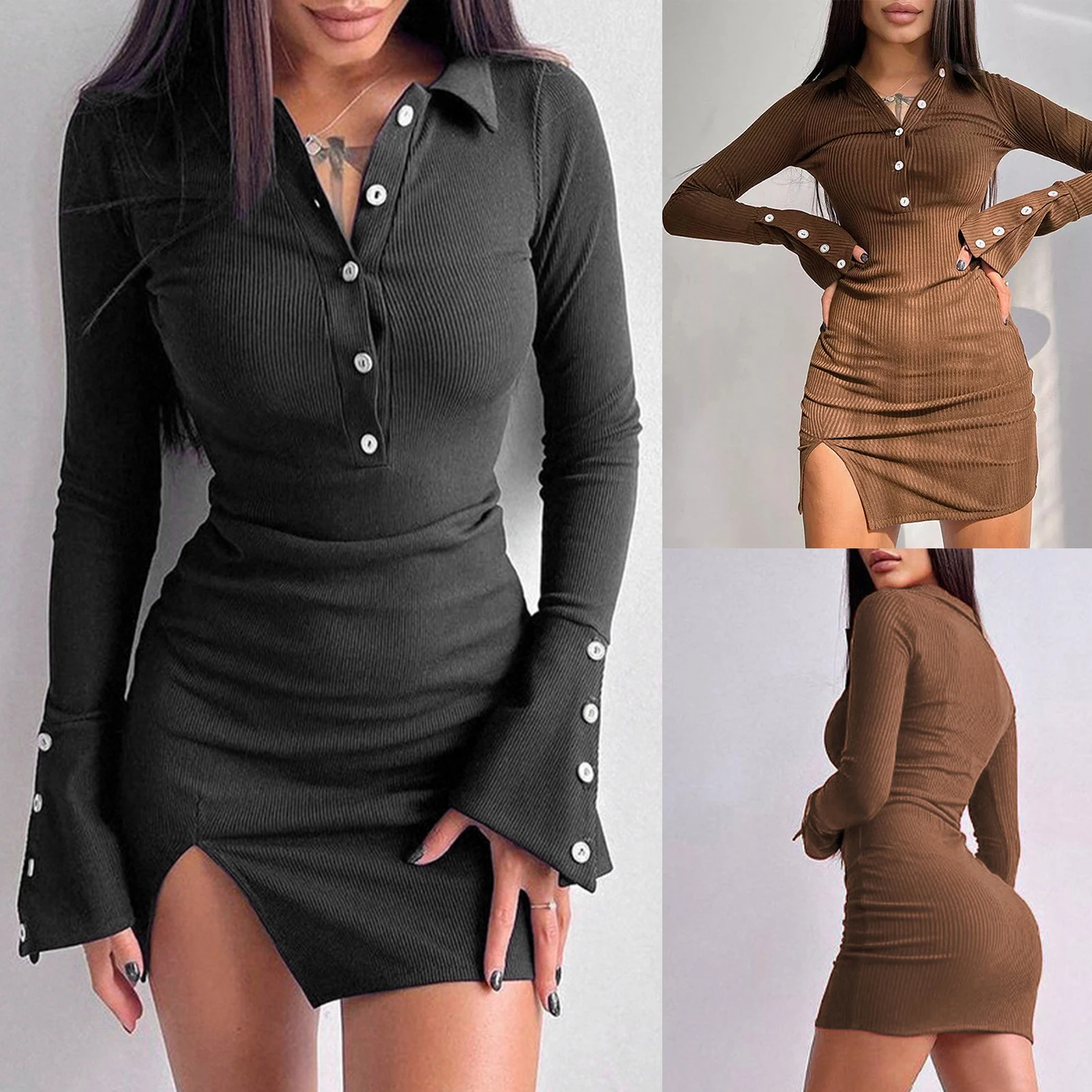 

Облегающее женское трикотажное мини-платье, однобортная Дамская блузка, короткое платье с отложным воротником, однотонная уличная одежда