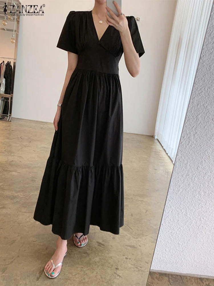 

2022 Summer V Neck Vestido Casual Holiday Bow Ruffle Dresses Oversized Women Chic Solid Sundress ZANZEA Bohemain Long Maxi Dress