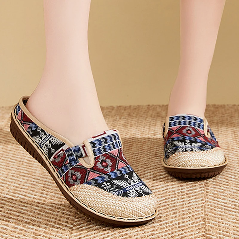 Ethnic Embroidery Women Slipper Summer Linen Flat Shoe Wedge Baotou Outdoor Slides Soft Sole Straw Sandals Ladies Slip-on Muller