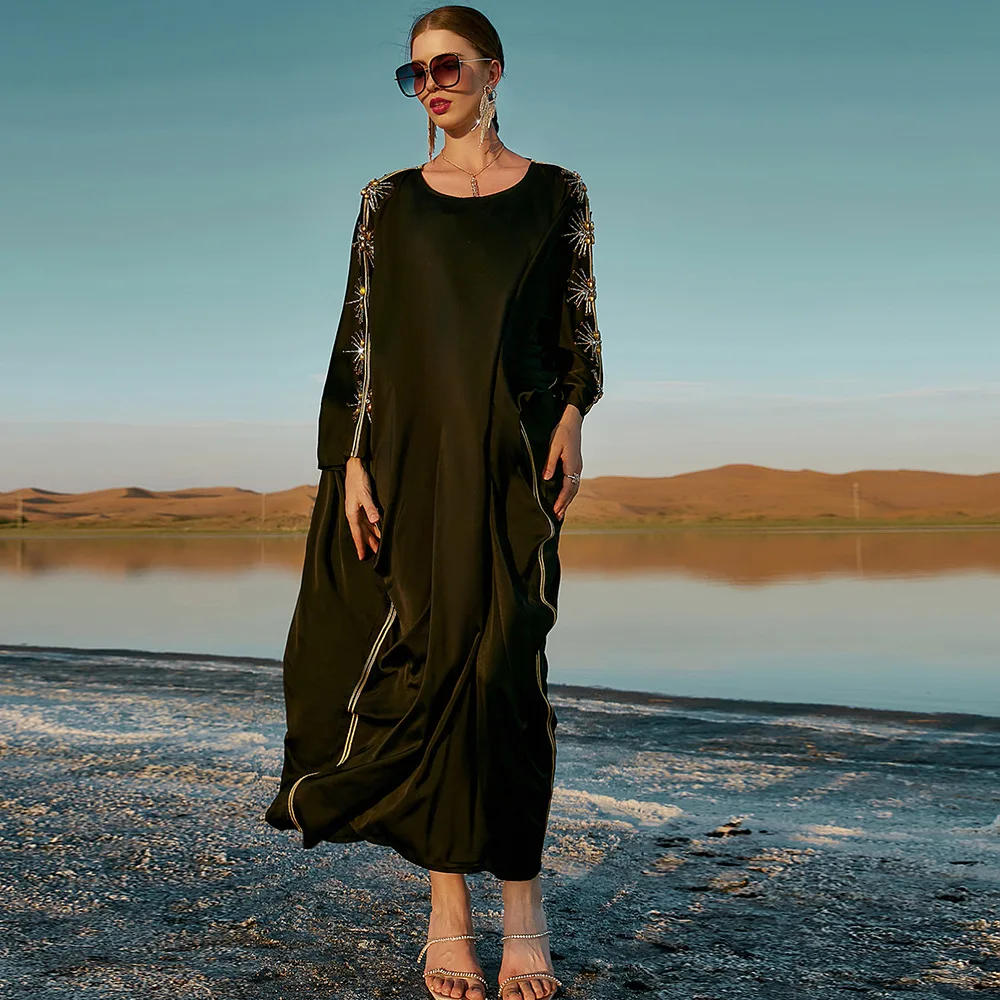 Muslim Fashion Black Satin Asymthatical Batwing Sleeve Robe Baya Diamond Cape Cloak Abaya Dubai Turkey Muslim Dress Elegant