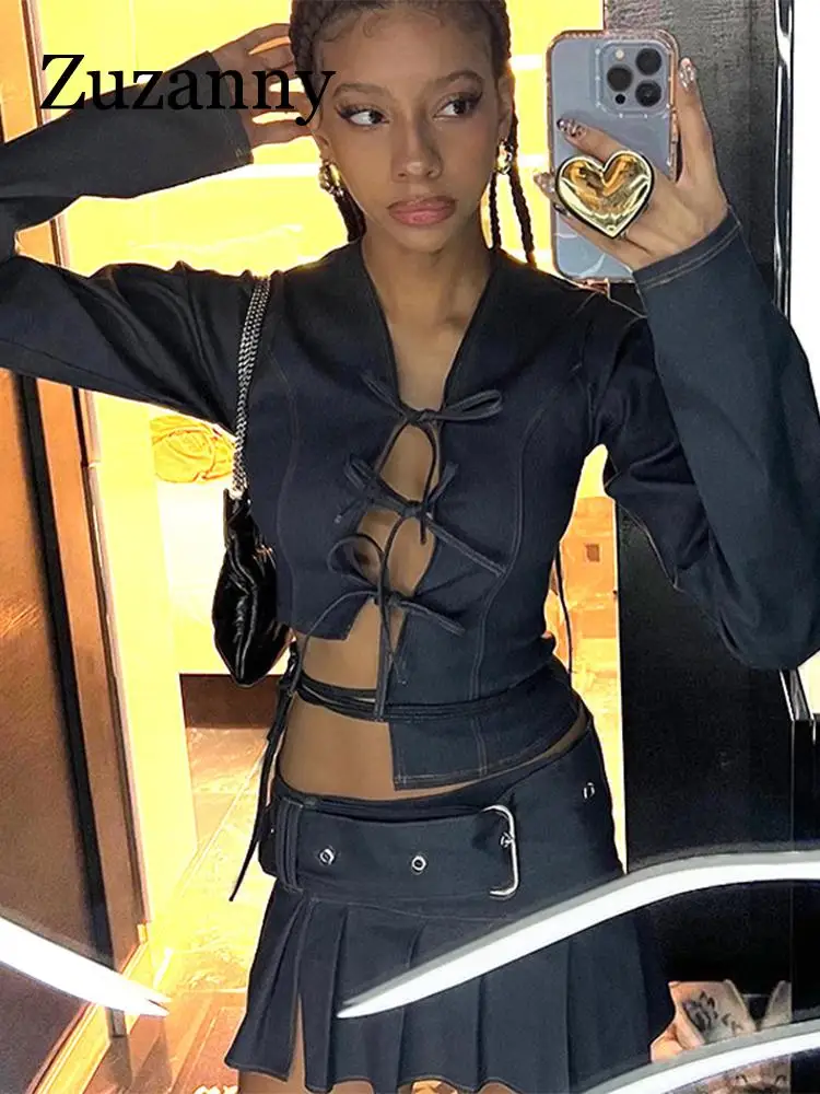 

Zuzanny Denim Suit Long Sleeve Crop Top and Split Mini Skirt Hollow Out Sexy Backless Bandage Autumn Women Streetwear Club