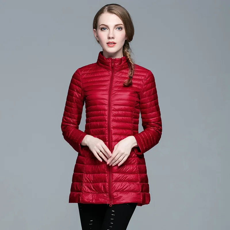 Autumn Winter Down Jacket Women Medium Length Stand Collar Slim Warm White Duck Down Jacket