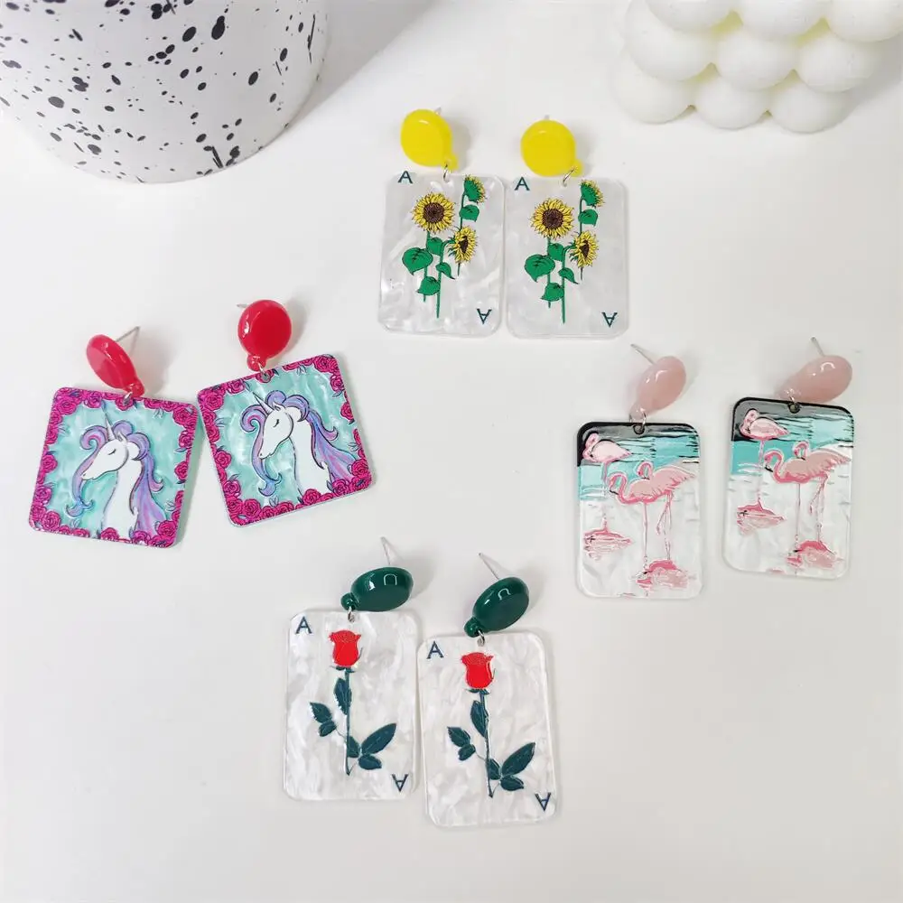 Acrylic Flamingo Rose Sunflower Design Earrings Women Earring Stud