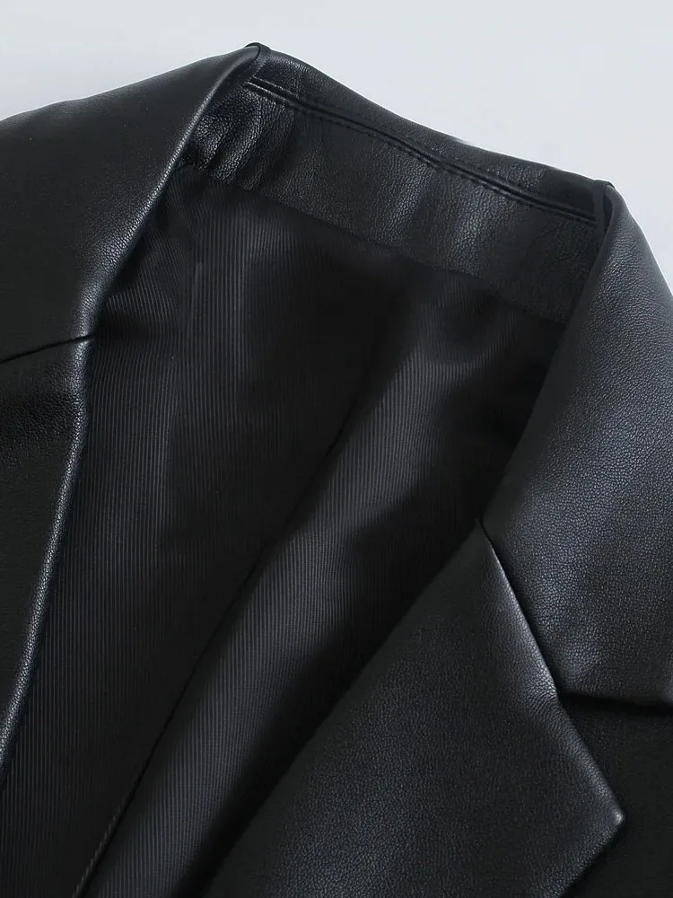 Женский пиджак из искусственной кожи Adherebling Traf винтажный с длинными рукавами и