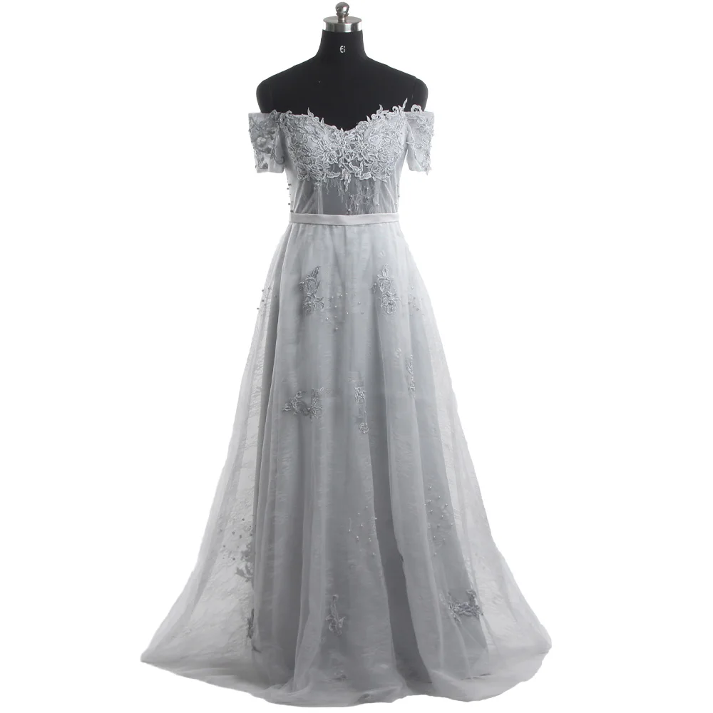 

Evening Dresses Gray Lace Appliques Beading Off the Shoulder illusion Lace up A-line Floor Length Plus Size Party Dress C1558