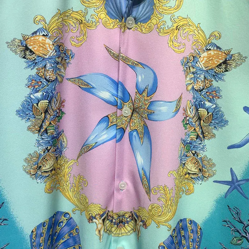 Рубашка мужская с контрастным принтом океана и короткими рукавами праздничная