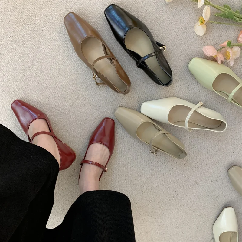Spring Square Toe Ballet Shoes Fashion Low Heel Mary Jane Shoes Silver Shallow Buckle Soft Sole Shoes
