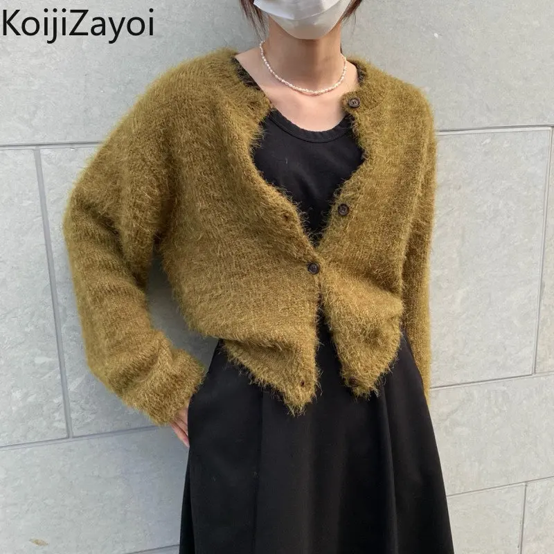 

Koijizayoi Women Autumn Winter Solid Cardigan Lady Slim Single Breasted Kardigan 2022 O Neck Knitted Cropped Cardigans