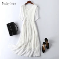 mulberry white dress elegant pure silk dress for women 2022 summer v neck elastic waist ol bodycon midi dresses 18003