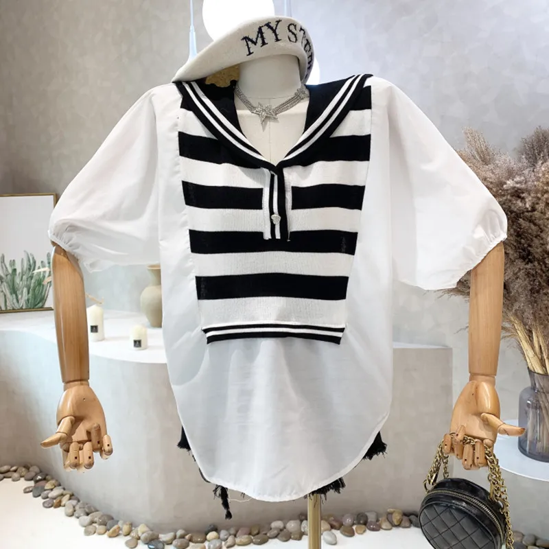

New Women's Clothing 2022 Summer Fake two pieces stripe stitched loose thin short sleeve shirt top blusas mujer de moda 2022