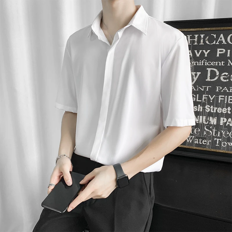 

Male Summer Short Sleeve Blouse Ice Silk Anti-Wrinkle Gentleman Office Work Business Shirts Party Banquet Senior Breathable Tops
